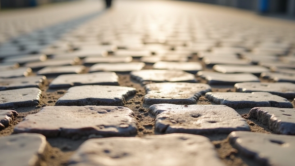 Detail van ongelijke kasseien en tegels op de zeedijk met zonlicht en schaduwen