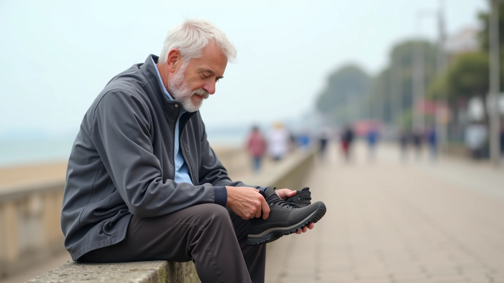 Man van middelbare leeftijd zittend op bankje, onderzoekt en past wandelschoenen, strandpromenade op achtergrond