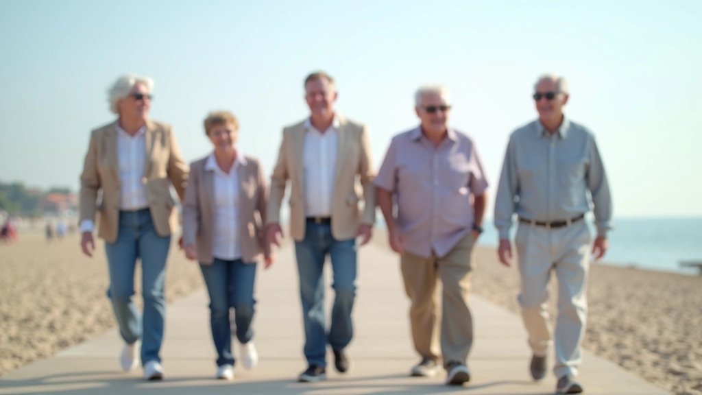 Groep gepensioneerden die samen op een kustpromenade wandelen