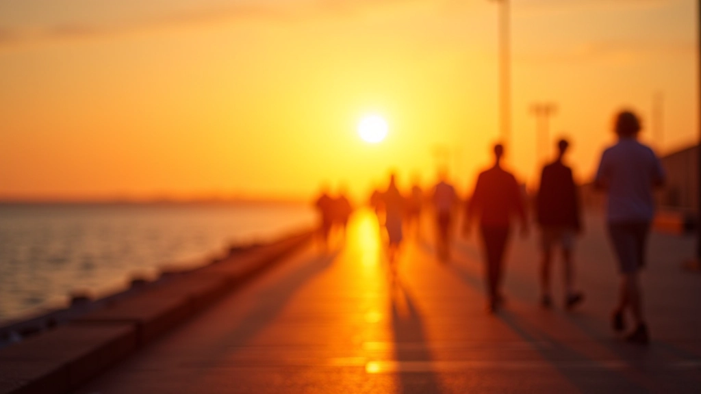 Zonsondergang over de Oostende zeedijk met silhouetten van wandelaars, gouden licht, zee