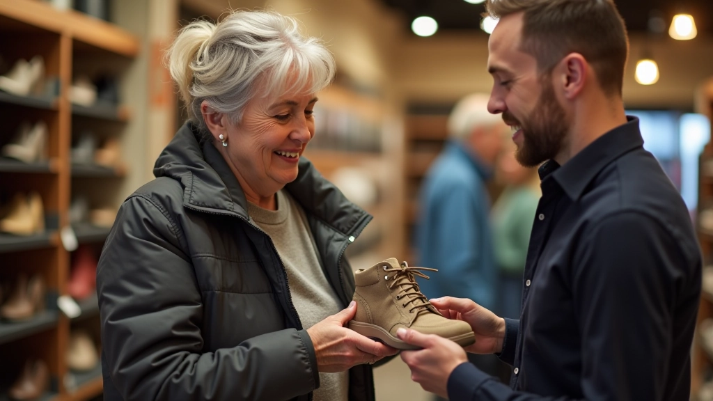 Vrouw van 60 jaar zittend in schoenwinkel, past wandelschoenen terwijl verkoper helpt, gezellige winkelsetting